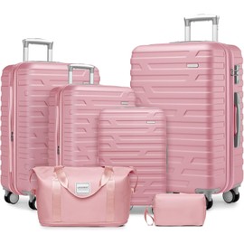 Campfun 6 Piece Luggage Sets, Carry On Luggage Set with Travel Bag & Toiletry Bag, Expandable ABS Suitcase with Double Spinner Wheels, Checked Hardshell Suitcase 18/20/24/28in for Women Girl, Pink