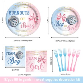 Fiesec Burnouts or Bows Gender Reveal Decorations Tableware Set, Baby Gender Reveal Party Supplies with Boy or Girl Plates, Napkins, Forks for Burn Outs or Bows Party, Serves 24 Guests