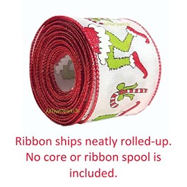 2.5" Wide Wired Tiptoeing Furry Monster Legs Christmas Ribbon Featuring a Santa Suit, Candy Canes, and Glitter Embellishments (10 Yards)
