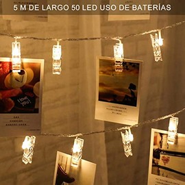 MOYAC Cadena de Luces, Clip de Fotos 5m 50 LED de Color Calientes, Guirnalda de Luces de Pilas de Haloween, Adecuadas para Bodas, Hoteles, Bares, Centros Comerciales, Navidad, Ceremonia, Conciertos