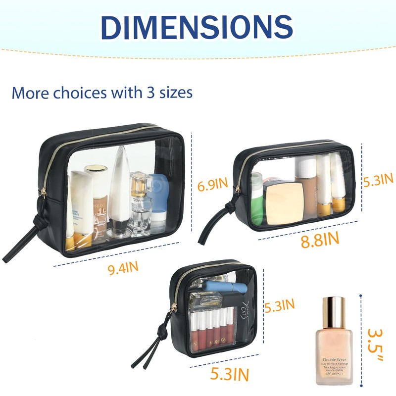 lllyan 3-Pcs Clear Waterproof Makeup Bag Set - Large, Medium