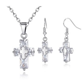 Zhang Trading Co., Ltd. 14K White Gold-Plated Cross Cubic Zirconia Necklace+Hook Earrings Set