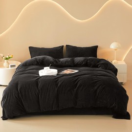 FOPPA Black Velvet Duvet Cover Queen Set - Ultra Soft Black Velvet Bedding Sets 3 Pieces (1 Velvet Duvet Cover + 2 Velvet Pillow case) Velvet Comforter Cover Set