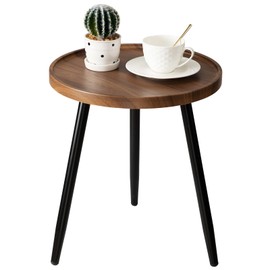 danpinera Round Side Table, Metal Legged Accent Table with Wooden Tray, Small Round End Table for Living Room, Bedroom, Nursery, Brown & Black