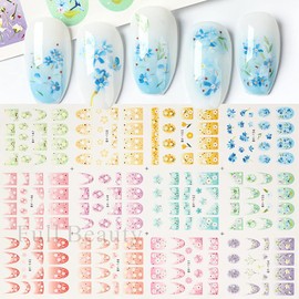 Flower Nail Stickers Colorful Floral Water Transfer Nail Decals Holographic Art Sticker Decal Blue Yellow Purple Green Flower Nail Art Design for Women DIY Supplies Manicure Decoration Nail Art Decal