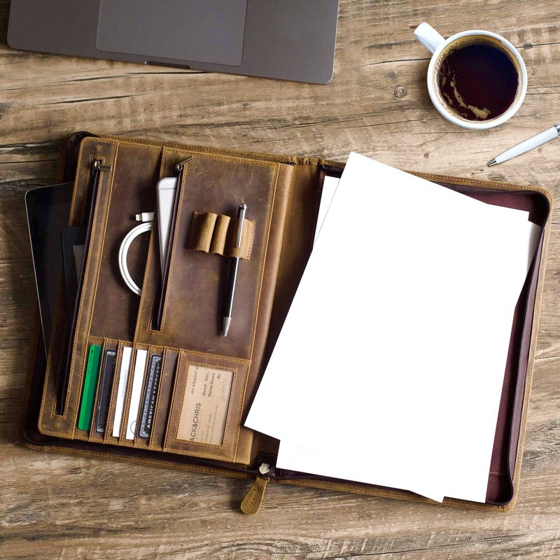 Ringsun Leather Portfolio Organizer with Zipper for Men Women, Leather