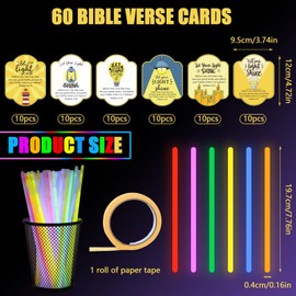 60 Sets Christian Sunday School Gifts Let Your Light Shine Cards with Glow in the Dark Sticks Religious Bible Verse Card Luminous Glowsticks for Church Christian Baptism Gifts VBS Party Favors