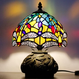 Small Tiffany Lamp Mini Stained Glass Table Lamp Yellow Dragonfly Style Mushroom Desk Light Memory Sympathy Lamp 8X11 Inch