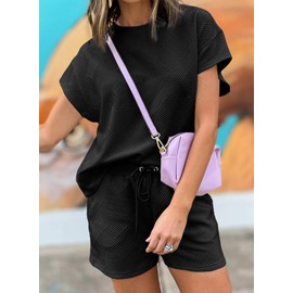 Dokotoo Two Piece Sets For Women Cozy Casual Yoga Womens Clothes Resort Wear Crew Neck Collar Short Sweatsuit Gym Jogger Matching Pajamas Tracksuit Matching Sets Black Large