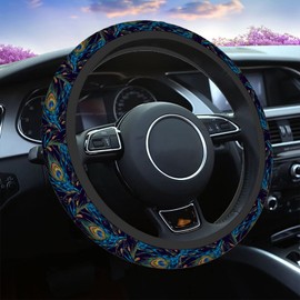 Swono Peacock Feather Steering Wheel Cushion Case Beautiful Blue and Green Peacock Feathers Neoprene Car Steering Wheel Covers 15 Inch Anti Slip Compatible Auto Car Wrap Cover for Men Women