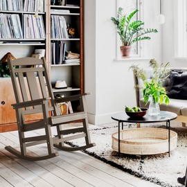 LUE BONA Rocking Chair Outdoor, Weather Resistant Poly Plastic Rocker Chairs, 350lb Heavy Duty, Oversized Porch for Adult, High Back Smooth Chairs Outdoor & Indoor, Brown