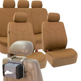 FH Group Automotive Seat Cover Rome PU Leather Beige Full Set Interior Accessories, Split Bench Tan Universal Fit for Cars Trucks SUV Combo Travel Car Tissue Dispenser Case Airbag Compatible