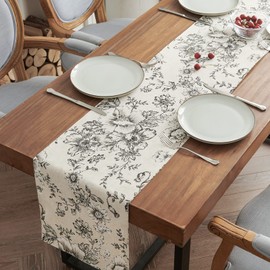 jinchan Floral Linen Table Runner for Kitchen Farmhouse Table Cloth with Black Flower Print 13 x 108 Inch Beige Linen Blend Cloth for Kitchen Dining Table Indoor Outdoor Decor 1 Panel