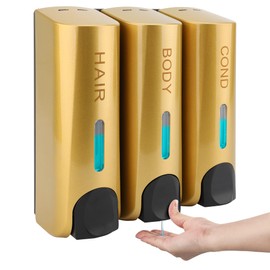 Soap Dispenser ABS 3 x 350 ml Manual 3 Chamber Wall Mounted Shampoo Conditioner Dispenser for Hotel Home (Gold)