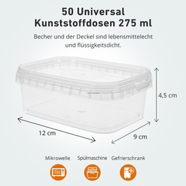 Marzoon 50 Piece Plastic Jars Set with Lids - Square, Transparent Plastic Containers 275 ml Universal Jars - Delicatessen & Sauces - Industrial Standard - Storage Jars