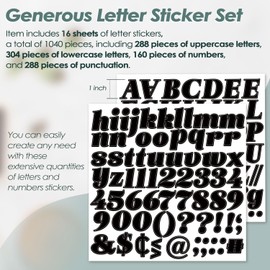 1040 Pieces 16 Sheets Letter Stickers, Self Adhesive Vinyl Numbers and Letters 1" High, Alphabet Letters Numbers Kit for Mailbox Letters, House numbers, Classroom, Address Sign, Business(1 Inch-Black)
