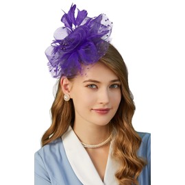 Cizoe Fascinators Hat for Women Tea Party Headband Kentucky Derby Wedding Flower Cocktail Mesh Feathers Hair Clip(1-Purple)