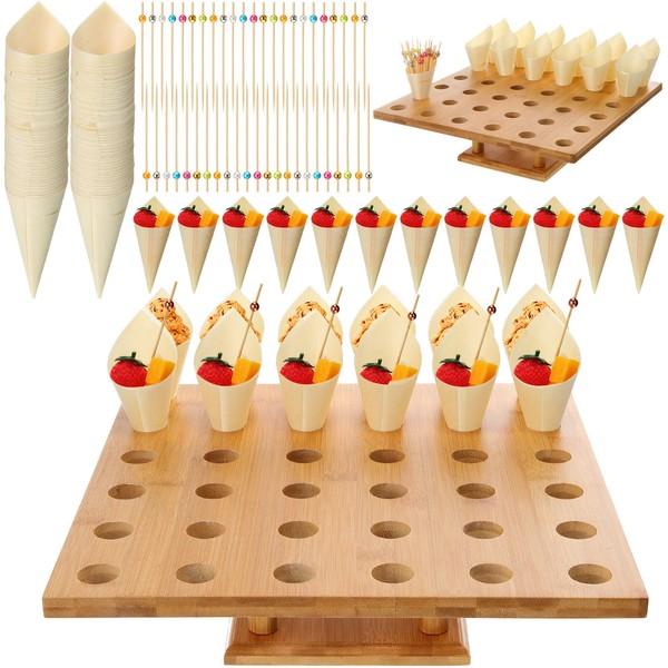 150pc Disposable Wooden Food Cones with 36 Holes Bamboo Ice Cream Cone Holder Food Cone Display Stand and 150 Colorful Bamboo Stick for Restaurant Catered Events Party or Buffets Ice Cream Food Trucks