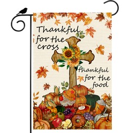 ZAEW Thankful for the Cross Pumpkins Maple Leaves Fruit Harvest Thanksgiving Fall Garden Flag Yard Flag 12x18 Inch Double Sided Small Mini Outdoor Outside Farmhouse Holiday Decoration