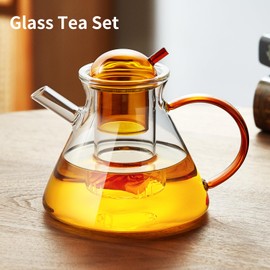 Glass Tea Set, DOPUDO Glass Teapot Set, Amber French Style Glass Teapot Set with 2 Glass Cups - High Borosilicate Hydrochloric Glass Teapot with Glass Filter, 12 Filter Gaps, Transparent Design