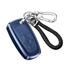 ontto Alu Car Key fob Cover Keychain fit for Ford Bronco Ecosport Escape Explorer F150 F250 F350 Fusion Mondeo Mustang Ranger Leather 3 Button Smart Key Shell Case Key Holder Keyring Accessories Blue