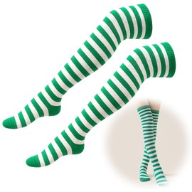 LEMLIN Striped Knee Socks for Women, Colourful Overknee Socks in Set, Carnival, Cosplay and Party Costume Accessories, for Strawberry Dwarf, Gardener and Fantasy Looks (Green/White)