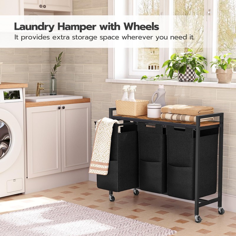 HOOBRO Laundry Sorter 3 Section, Laundry Hamper with Wheels, 3