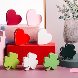 FOBSME 8 Pcs Valentine's Day Heart Decor and St Patrick's Day Shamrock Decor Wooden Heart Shamrock Signs Heart Clover Tiered Tray Decor Farmhouse Table Centerpieces for Holiday Home Table Shelf Decor