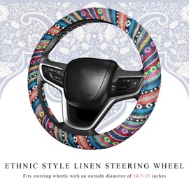 NYTKL Boho Car Steering Wheel Cover, Ethnic Style Anti-Slip Coarse Flax Cloth Auto Wheel Cover, Bohemian Steering Wheel Protector for Most SUVs Vans Trucks, Car Accessories (Style A)