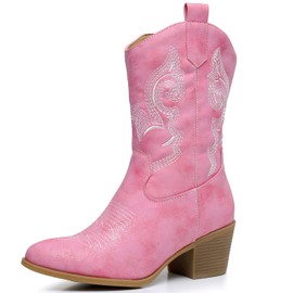 GLOBALWIN Women's Pink Mid Calf Cowgirl Boots Classic Embroidered Western Cowboy Boots for Women Chunky Low Heel Size 7M