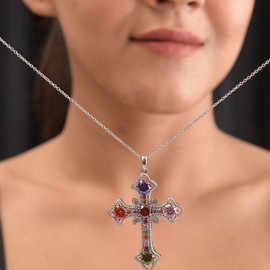SHOP LC DELIVERING JOY Stainless Steel Orange Cubic Zirconia Pink Cross Pendant Necklace Delicate Jewelry 20 Inches Ct 10.2 Unique Gifts for Women Catholic Faith Christian Religious Christmas Gifts