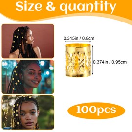 100PCS Gold Hair Jewelry for Braids Accessories, Aluminum Gold Hair Cuffs Metal Dreadlock Hair Clips Charms, Adjustable Hair Rings Hair Cuff Crochet Hair Beads Decorations for Women