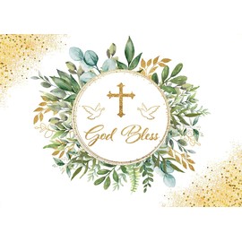 LYRYGS 7X5ft Greenery God Bless Backdrop First Communion Baptism Party Background Green Leaves Baby Shower Party Decor Background Banner for Boy Girls CA-cp-526