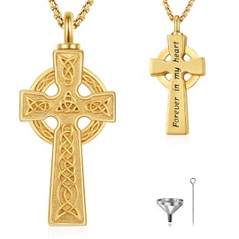 DRINSPER Urn Necklace for Ashes Celtic Cross Cremation Jewelry 925 Sterling Silver 18K Gold Plated Memorial Keepsake Pendant Gift for Human Men Women Loved One