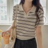 Just One Split Collar Striped Linen Knit