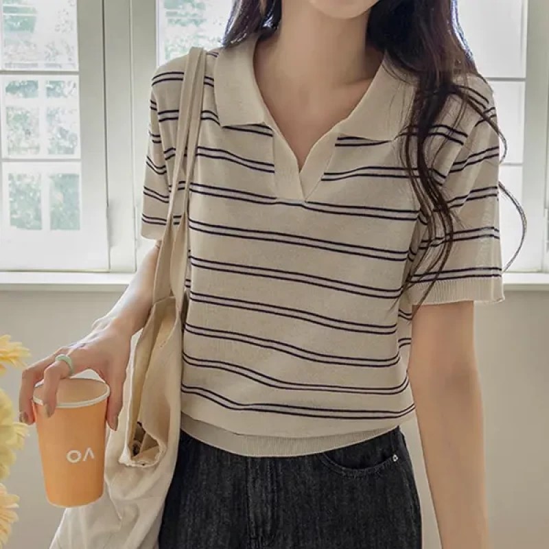 Just One Split Collar Striped Linen Knit
