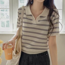 Just One Split Collar Striped Linen Knit