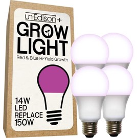 Un-Edison+ 14W Grow Light A19 150W Replacement LED Red & Blue Spectrum Hi-Yield Fruiting (4-Pack)