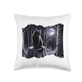 Fairycore Revival Goth Boho Aesthetic Cat with Moonlight Web in Fairy Forest Throw Pillow, 16x16, Multicolor
