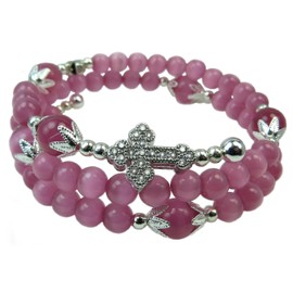 Handmade Five Decade Catholic Rosary Bracelet Wrap Memory Wire Beaded Stackable Triple Row Bracelet Pink Cat's Eye Beads with CZ encrusted Cross