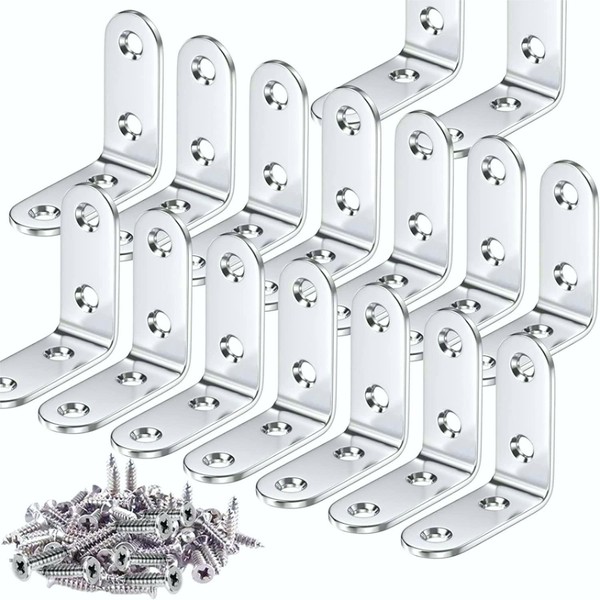Teenitor 16 Pcs Corner Bracket - 40mmx40mm 90 Degree Right Angle Brackets Fastener Stainless Steel L Shaped Corner Braces with 64 Pcs Screws Brace Corner Steel Joint Silver
