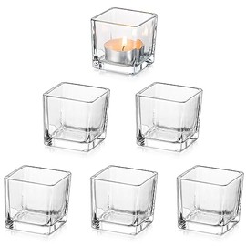 Portavelas de vidrio con costura de vidrio: juego de 6 portavelas cuadrados transparentes para mesa de centro de mesa, decoración de bodas