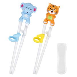 Quimoy 2 Pairs Kids Chopsticks, Training Chopsticks for Kids, Cute Animal Cartoon Design Chopsticks for Learning and Training -Yellow Tiger & Blue Elephant