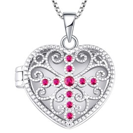YL Cross Locket Necklace Sterling Silver Heart Pendant Created Ruby Filigree Jewelry for Women
