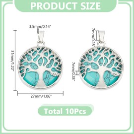 arricraft 10 Pcs Tree of Life Turquoise Pendant, Platinum Flat Round Natural Synthetic Gemstone Charm Chakra Crystal Pendant for DIY Necklace Jewelry Making Gifts