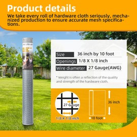 AggFencer 36in x 10ft Hardware Cloth 1/8 inch 27Ga Hot Dipped Galvanized After Welding, Chicken Coop Wire Fence, Welded Metal Fencing Roll Mesh for Bee Screen Garden Plant Poultry Animal Netting Cage