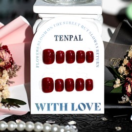 TENPAL Cherry Red Press on Nails Simple Classic Solid Color Fake Nails Press ons 10pcs/Box Handmade Acrylic Full Cover Gel False Nails With Glue For Women Girls Daliy Wear(XS)