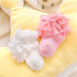 QKURT Girls Frilly Socks Kids Ruffle Lace Cotton Dance White Pink Red Dress Ankle Socks for Toddlers Baby 0-8 Years 3 Pairs