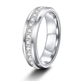 TRUMIUM 6mm Mens Wedding Band Tungsten Rings for Women Men with White Cubic Zirconia Eternity Ring CZ Inlaid Silver Wedding Rings Beveled Edges Comfort Fit Size 10.5