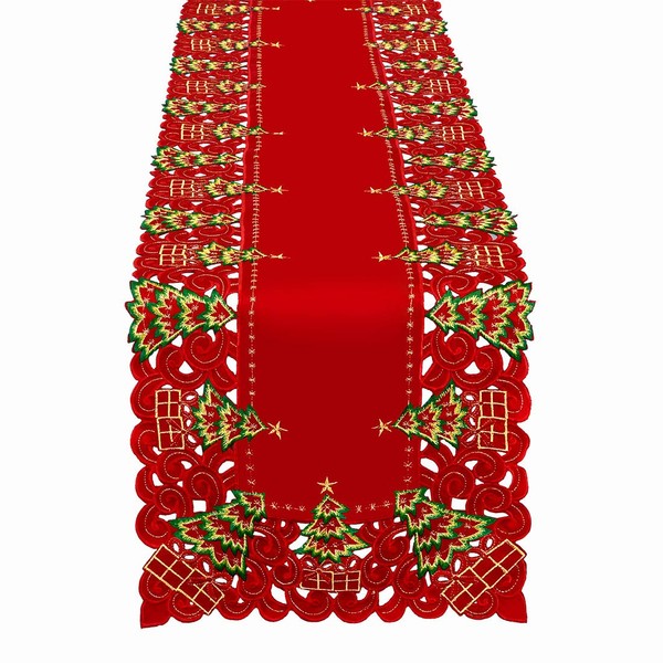 Grelucgo Embroidered Christmas Holiday Holly Tree Table Runner And Dresser